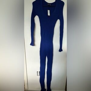 PrettyLittleThing Royal Blue Petite Ribbed Knit Jumpsuit